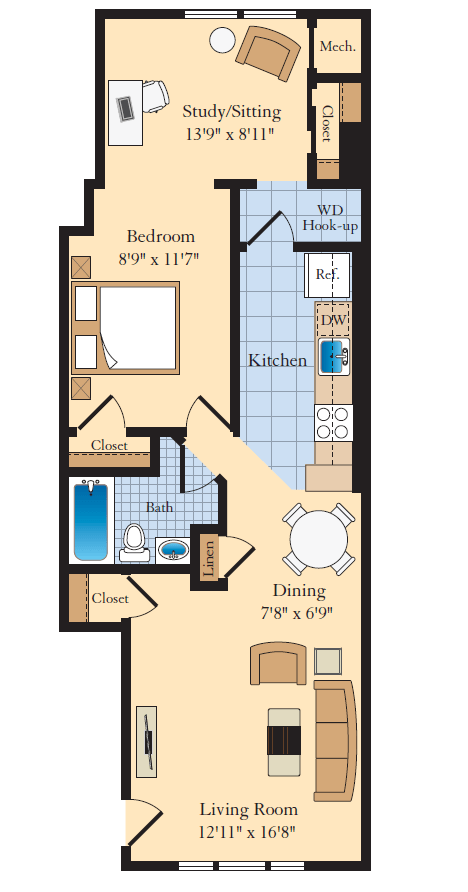 1 bed 1 bath A3 Floor Plan at The Fields of Bethesda, Chevy Chase, MD, 20815
